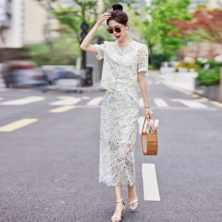 女时尚套装夏装新款气质优雅新中式镂空碎花两件套裙 ZQ88071