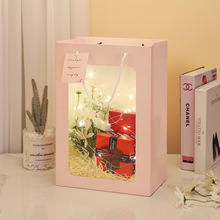 伴手礼袋母亲节礼品袋手提袋透明橱窗礼盒粉色花束包装礼物袋开窗