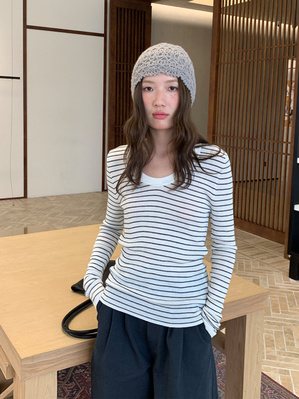 THE MIND羊毛条纹打底针织衫女2025秋冬圆领显瘦百搭长袖T恤T5701|undefined