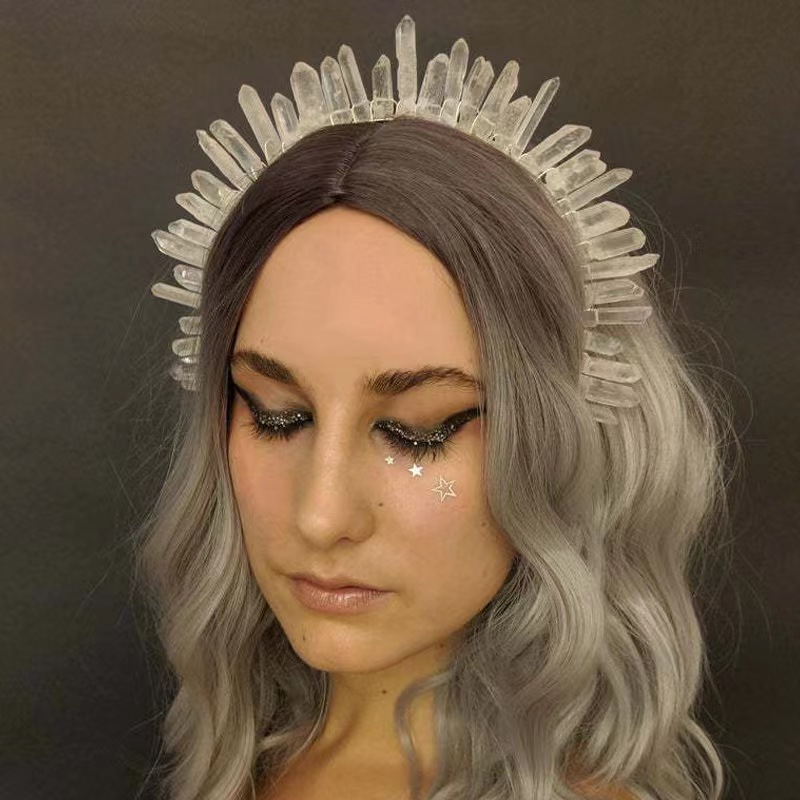 Diadema de cristal blanco natural tipo corona, joyería nupcial elegante, estilo europeo y americano, venta caliente.