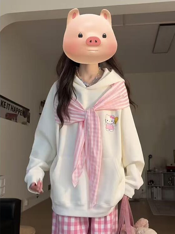 2025秋冬季设计感格子拼接格纹拉链外套韩系校园风宽松连帽女卫衣|undefined