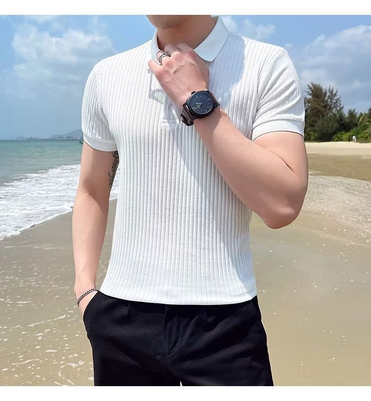 Camicia in polp intrecciato a righe estive 2023 T-shirt in seta di ghiaccio Versatile tinta unita comoda manica corta - stampabile Tiktok_voghion.com