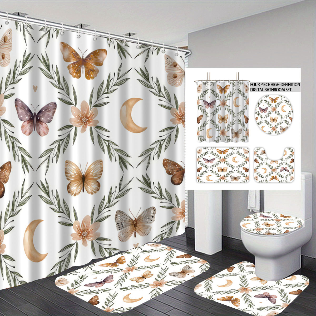 Cortina de baño de cuatro piezas de poliéster impresión digital 3D mariposa sin perforación separación seca y húmeda cortina de baño impermeable
