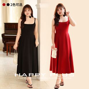 Long square collar high-grade tight waist A- line small black dress Runqi 8837 plus size French mid-length strap small black dress
