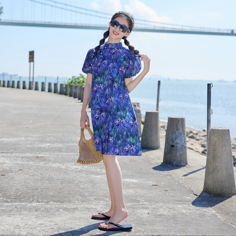 Vestido de verano de las niñas 2024 nuevo vestido de los niños estilo occidental vestido de niña de verano nuevo chino cheongsam vestido ropa de los niños