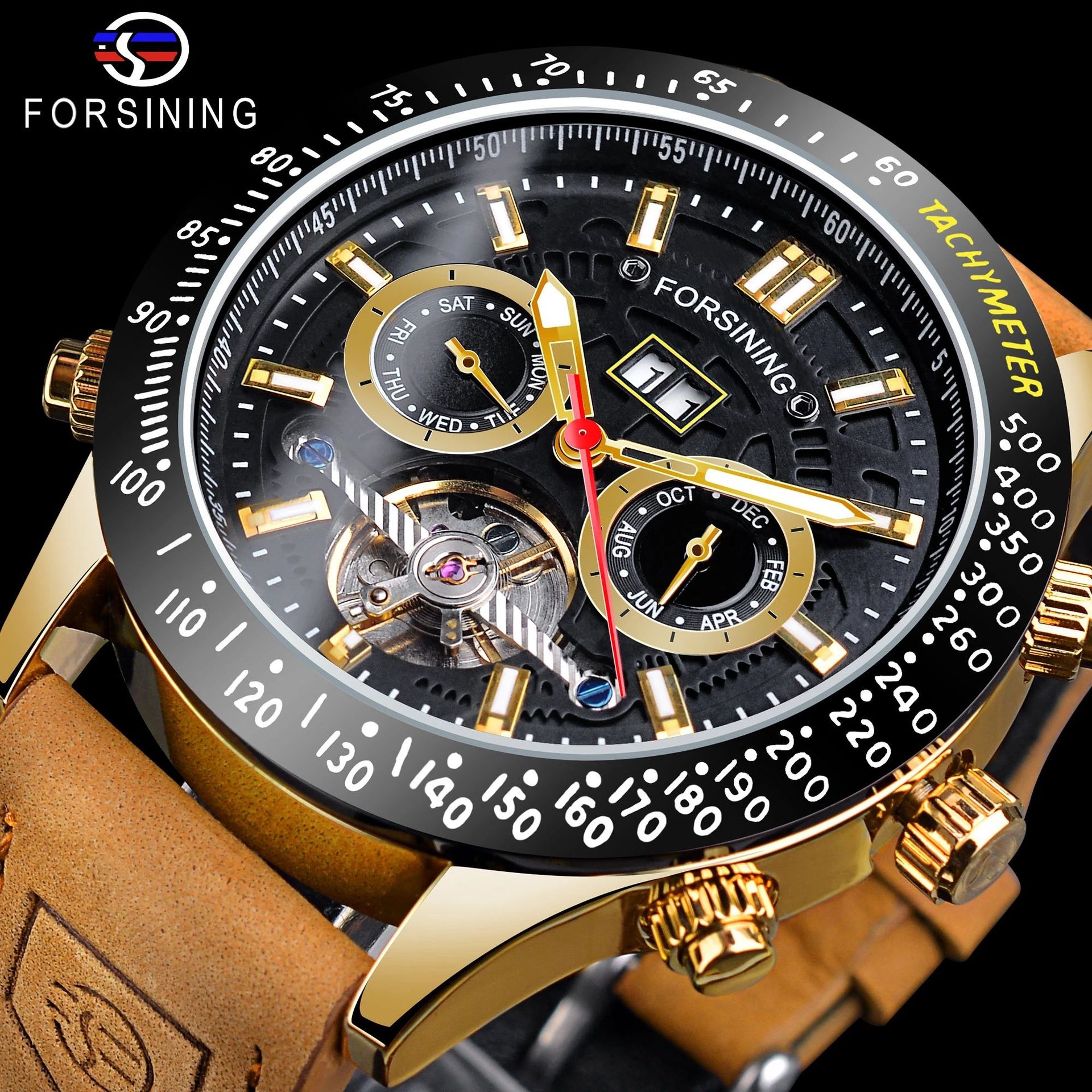 Forsining Brown Belt Multifunctional Automatic Mechanical Watch Waterproof Men's Tourbillon Watch Belt Month_voghion.com