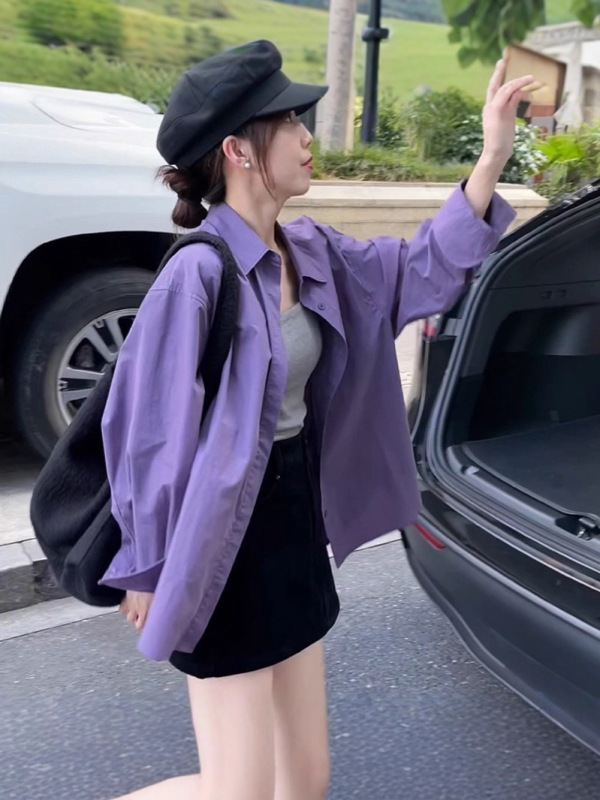 紫色长袖衬衫女外套2025爆款早秋春款衬衣韩系高级感宽松休闲上衣|undefined