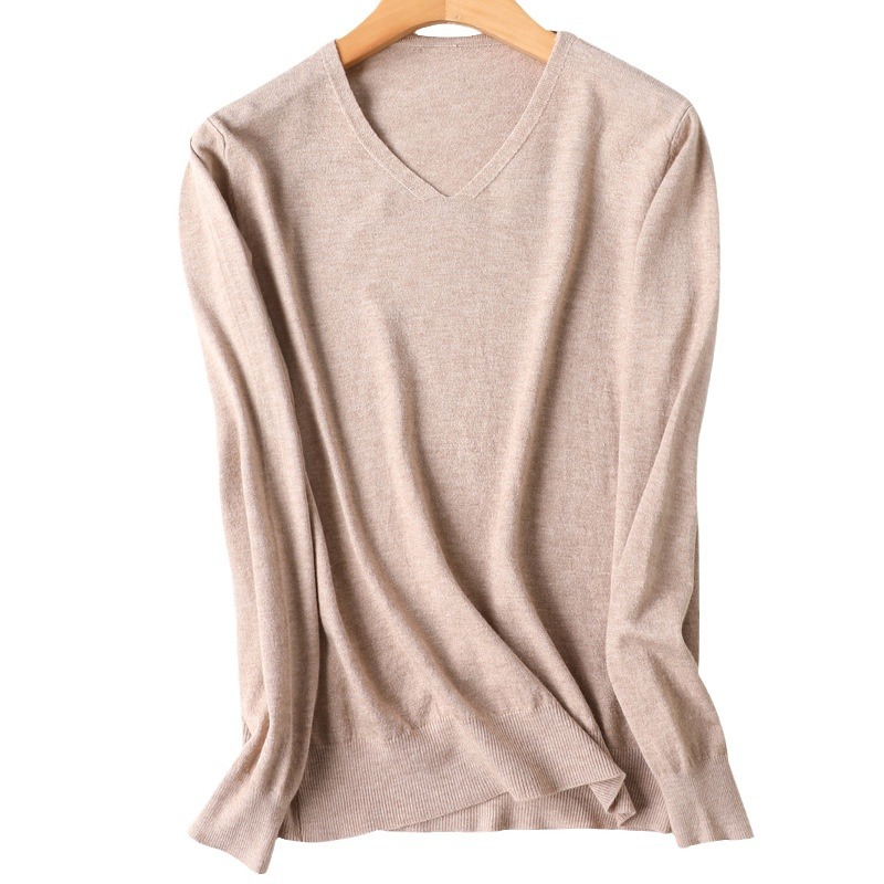 Otoño e Invierno nuevo estilo occidental con cuello en V color sólido manga larga suéter de fondo interior simple desgaste exterior suéter de cuello de pollo para mujeres