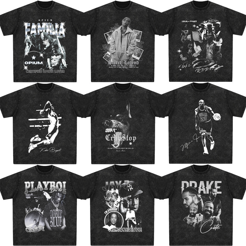 OPIUM American-style Retro Black and White Short-sleeved Loose Hip-hop Star Doghead Printed Men's and Women's T-Shirts