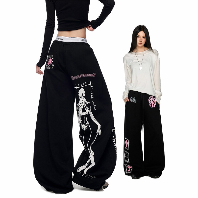 American Retro Printed Wide-Leg Sweatpants for Women 2026 Spring and Autumn Loose Versatile Trendy Street Casual Long Pants New Style