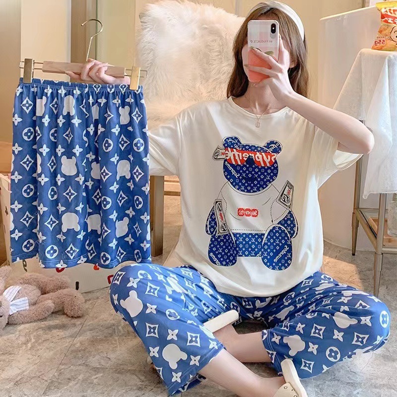 [conjunto de tres piezas] pijamas de mujer nuevo cuello redondo de verano manga corta ropa casera casual pantalones cortos sueltos set