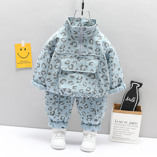 Children's Clothing Wholesale Children's Clothes Leopard Print Stand Collar Two-piece Set Boys Spring and Autumn Sports Suit Korean Style Baby Clothes