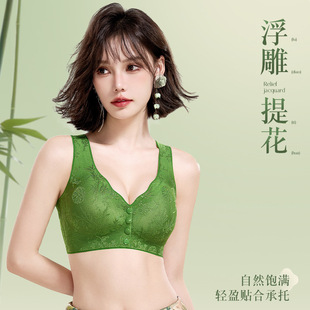 国风浮雕提花前开扣大码内衣女士无钢圈聚拢文胸固定杯背心式胸罩