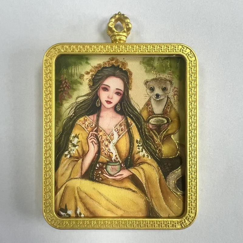 手绘描金莽龙女蛇年狐仙唐卡嘎乌盒九尾道家唐卡套周边吊坠项链|undefined