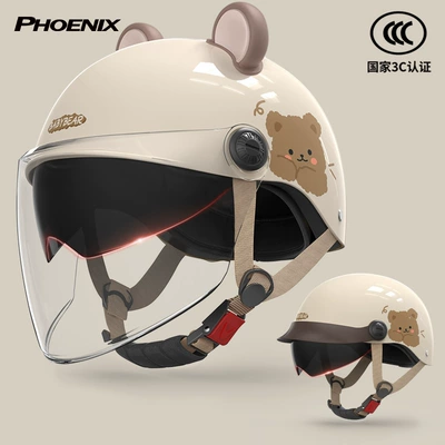 Motorcycle Summer Sun Protection Half – Motosiklet kaskı (dəbilqə) - milk-apricot-color-cute-bear-hat-brim-inner-and-outer-double-mirrors-bear-ears