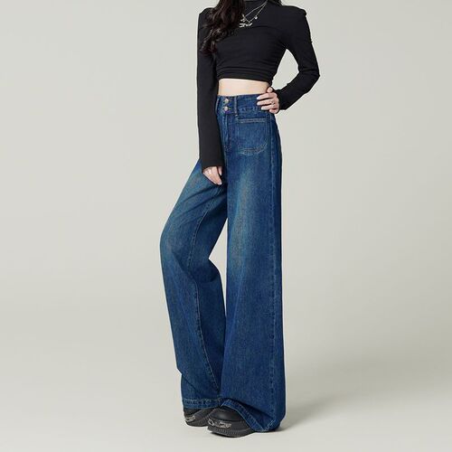Fashionable New Style Jeans Pear Shape Elastic Women's Wide Leg Pants with Drape Floor-Length Pants with Two Buttons