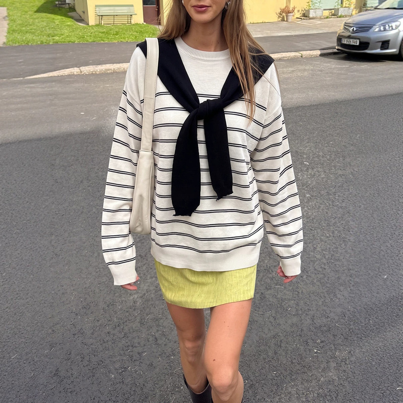 New European and American cross-border two-piece set: detachable navy collar, round neck, striped long-sleeve knit top for women, loose fit New European and American cross-border two-piece set: detachable navy collar, round neck, striped long-sleeve knit top for women, loose fit