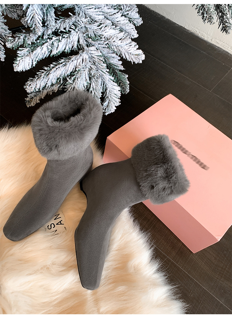 Boot nữ cổ cao lông cừu mũi vuông tăng chiều cao — cà phê nâu, màu xám, quả mơ chi tiết 13