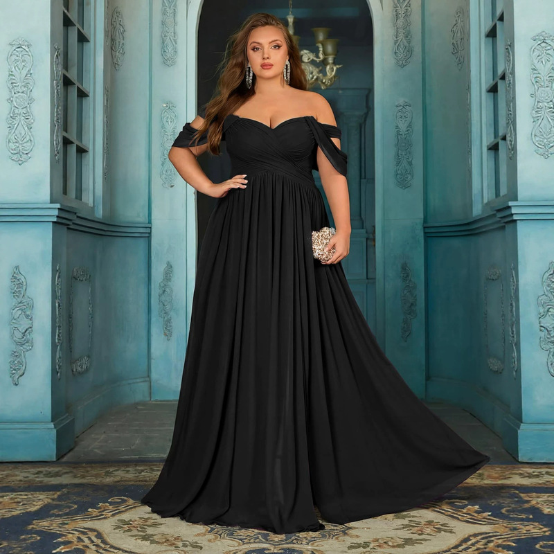 European and American plus-size one-shoulder chiffon evening gown, long with a high slit, suitable for banquets and proms, available for Amazon wholesale