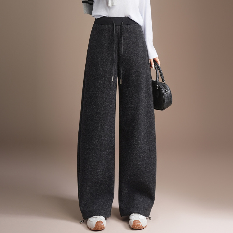 2025 New Autumn and Winter High-Waisted Wool Wide-Leg Pants for Women Korean Style Draped Lace-Up Loose Slimming Casual Straight Pants