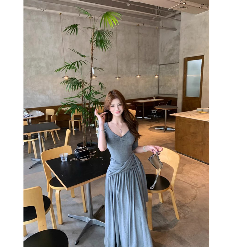 灰色扭结v领半袖连衣裙女夏季修身收腰休闲裙子设计感显瘦a字长裙|undefined