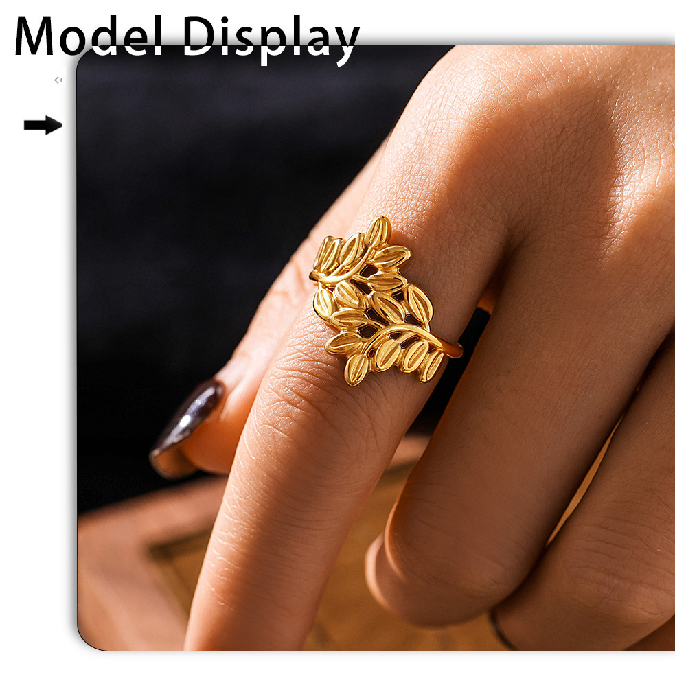 Anello aperto in acciaio inossidabile con linea cava, alla moda, non sbiadisce, bracciale con anello da donna con foglia di temperamento_voghion.com