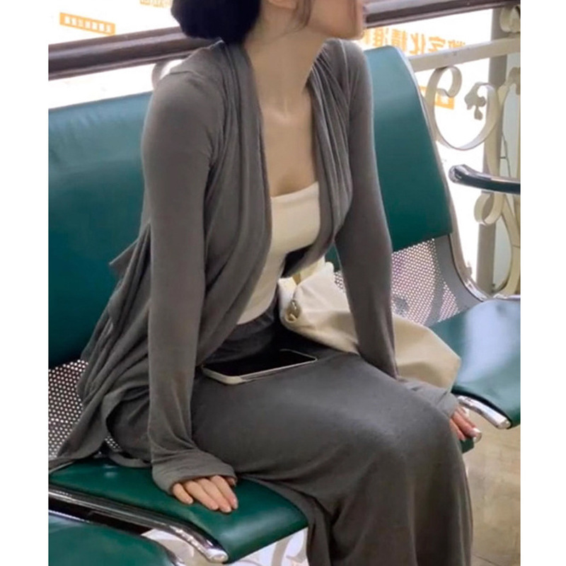 刘yi菲灰色休闲长袖开衫外套女薄款纯欲气质小个子外搭上衣+半裙|undefined