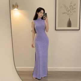 【星语流光】日常新中式新款无袖改良旗袍爆闪紫色烫钻复古显瘦女