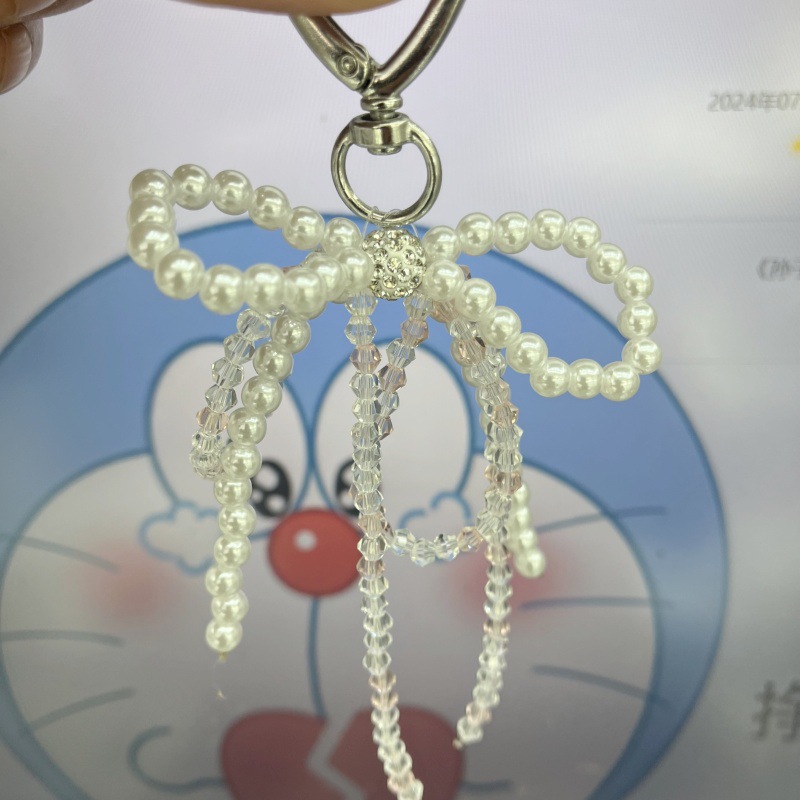 新款仿珍珠银色串珠蝴蝶结爱心包包挂件 韩版时尚小香风挂件配饰