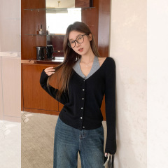 撞色V领假两件系带挂脖针织打底开衫女2025早秋穿搭内搭修身上衣