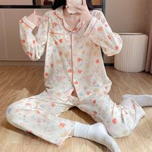 睡衣女士春秋款泡泡纱翻领纯棉长衣长裤甜美休闲小碎花宽松家居服