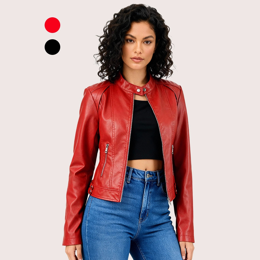 Cross-Border European and American Ready-Made Washed Leather Jackets for Women Spring, Autumn and Winter New Lapel Leather Jackets for Women Motorcycle Jackets Imitation Leather