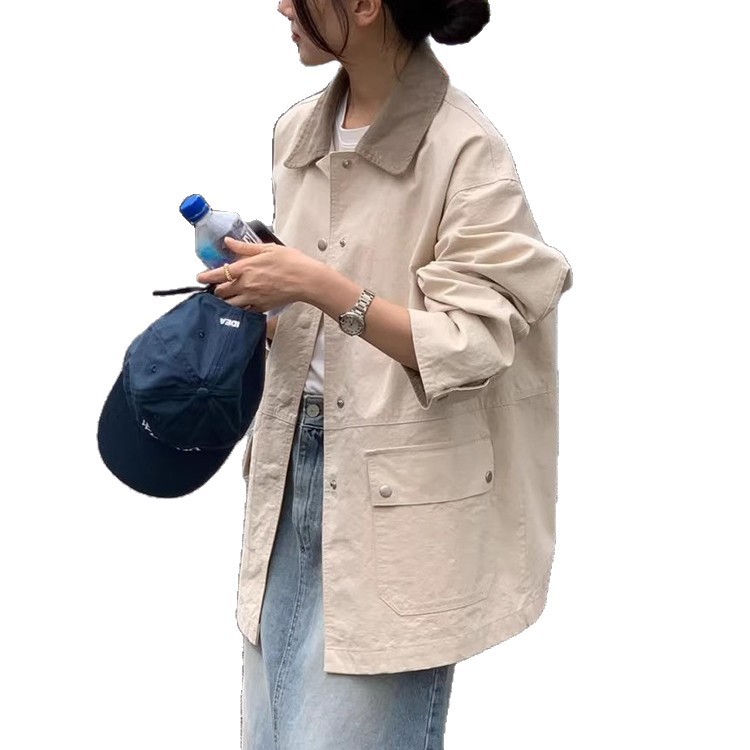 Korean Chic Autumn New Niche Retro Color-Blocking Lapel Loose Large Pocket Casual Long-Sleeve Trench Coat Jacket for Women