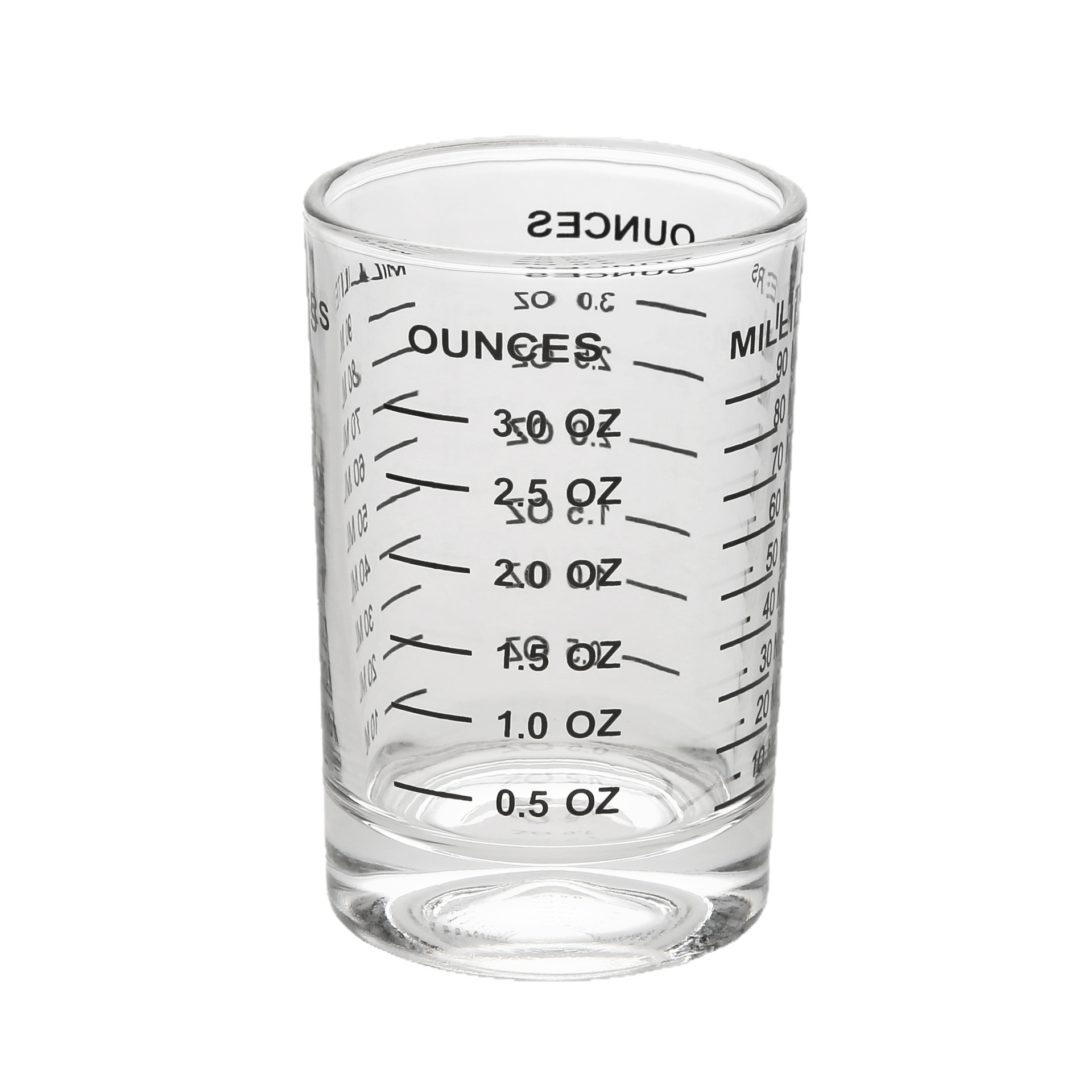 Taza de medición de onza de vidrio engrosada transfronteriza 90mL 120ml escala de medición doble taza de agua redonda taza de café de fondo grueso para hornear
