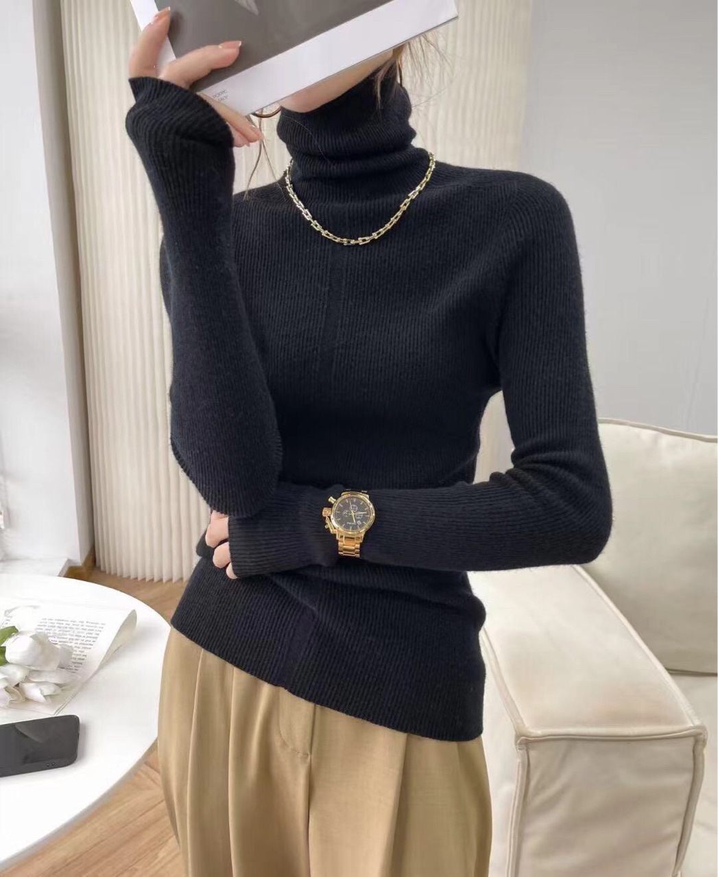Dui Dui neck wool sweater for women, 100% pure wool base layer, high neck seamless one-piece ready-to-wear, two-wear slim sweater pic 8