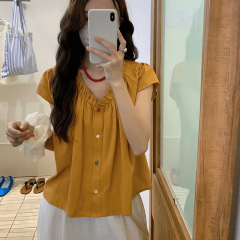 小柄な甘美風vネック半袖シャツ女性夏2025新型韓国系デザイン感がゆったりしていて痩せている上着