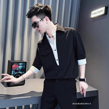 新款高级服潮男装痞帅男士短袖拼接感夏季新款七分袖衬衣冰丝衬衫