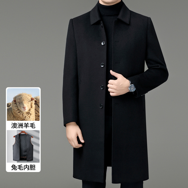 羊毛大衣男长款过膝拆卸獭兔毛内胆风衣双面呢外套中老年爸爸装