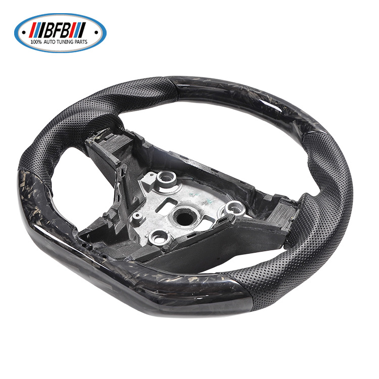 100% Real Carbon Fiber Forged Steering Wheel with Black Perforated Leather and Black Stitching - For Tesla Model Y - Modification