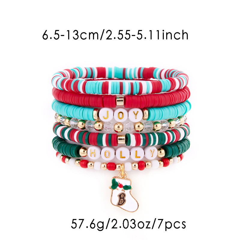 跨境新款圣诞节靴子吊坠手链7件套个性时尚多层叠戴水晶软陶手串