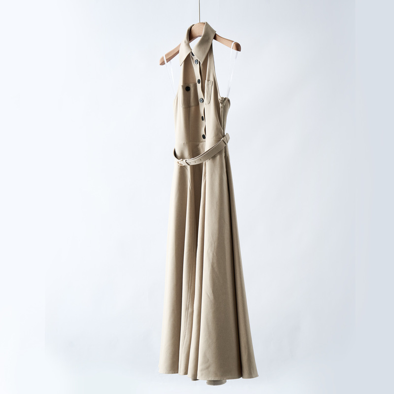 Same Origin as Cabinet Goods! 2025 Early Autumn New Khaki Commuter Halterneck Lapel Sleeveless Waist Dress with Belt