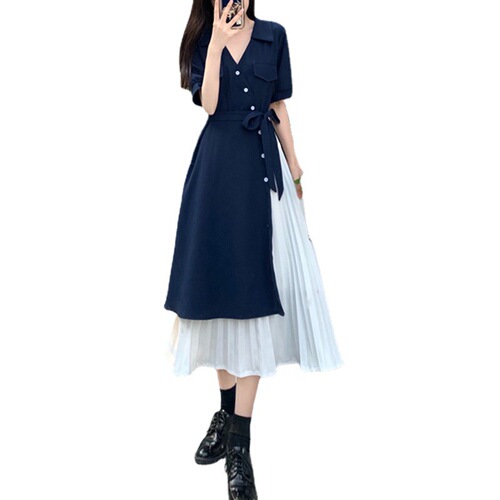 Fake two-piece short-sleeved V-neck mid-length dress 2025 summer meat-covering French long skirt waist-hugging women's skirt A-line skirt