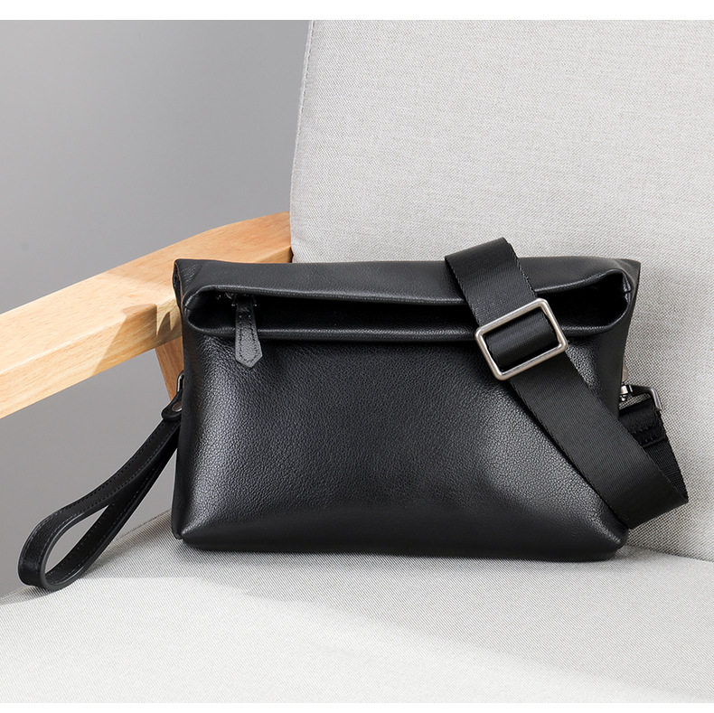 Túi đeo chéo nam da bò thật Malute mềm mại, kiêm túi clutch cầm tay, chống thấm nước — Màu đen chi tiết 9