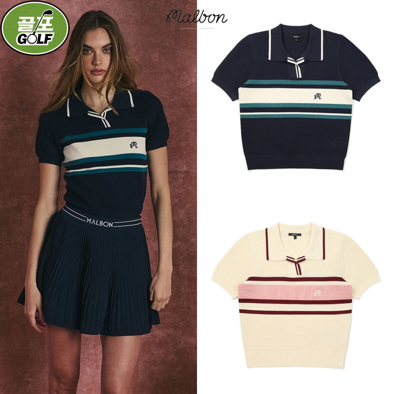 Malbon Golf Clothing Women's Embroidered Lapel Short-Sleeved Knitted T-Shirt V-Neck Short-Sleeved Knitted T-Shirt