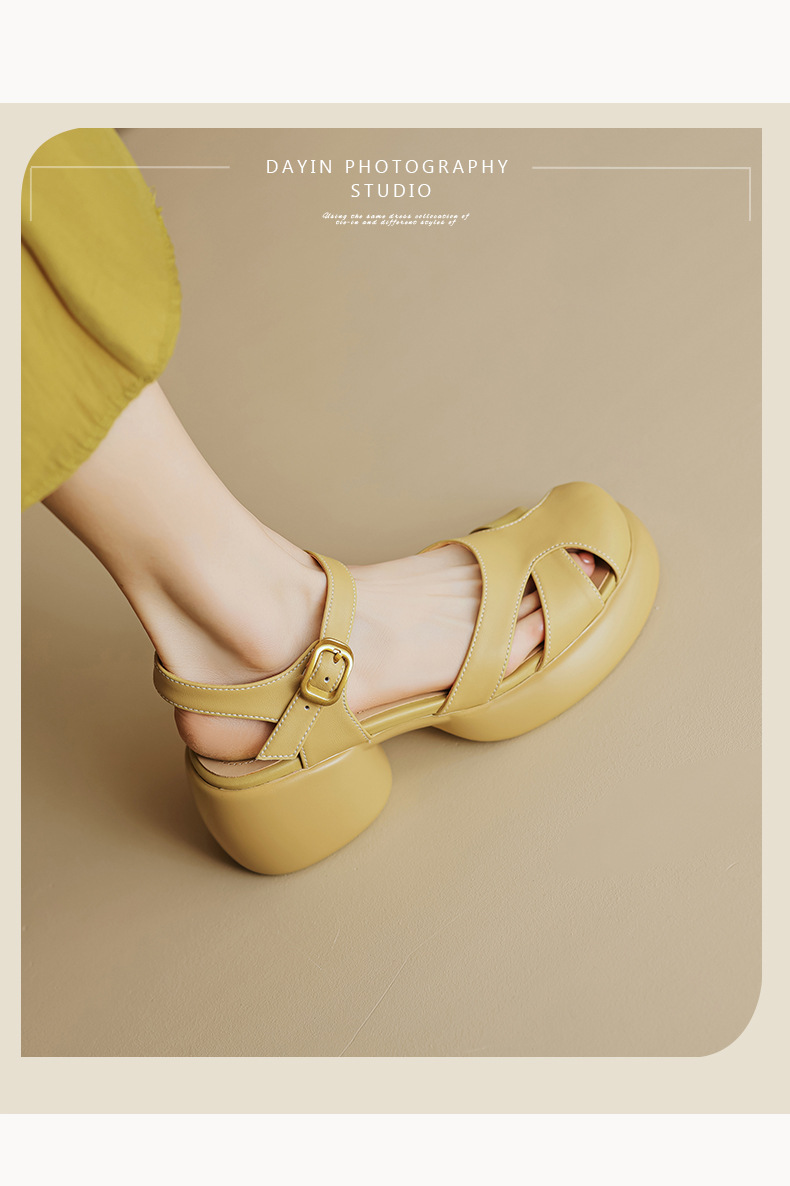 Sandal gót thô da cừu bít mũi phong cách La Mã đế dày quai ngang hở gót — Màu vàng ngỗng chi tiết 9