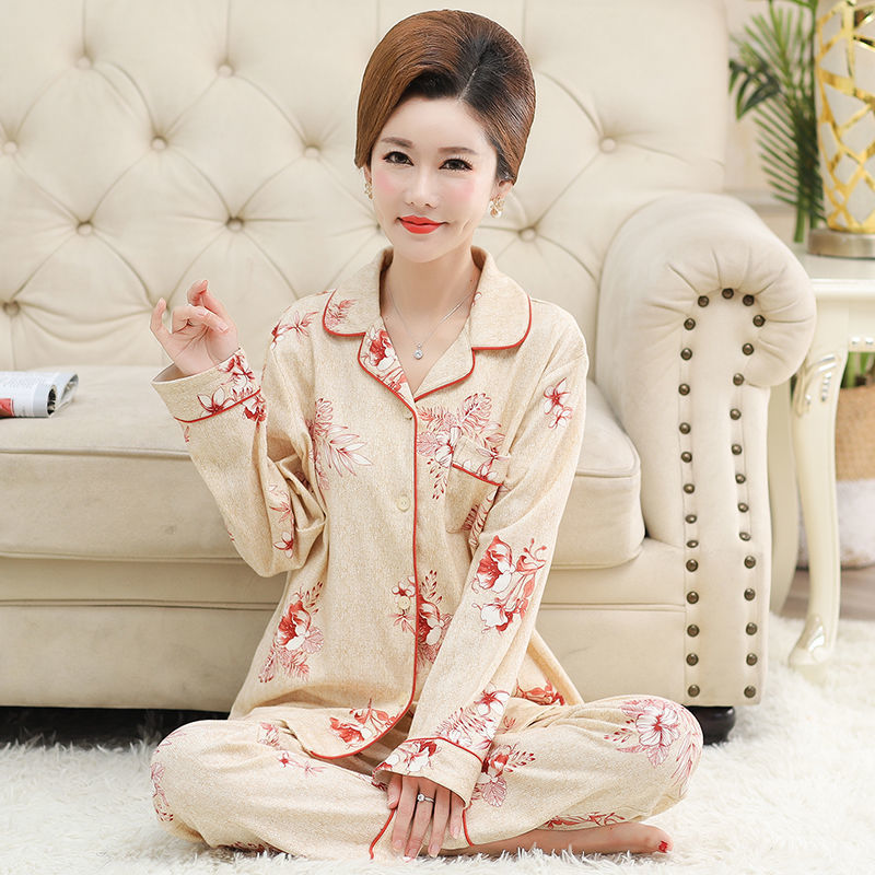 Primavera y otoño pijamas mujeres de mediana edad y madres ancianas 100% algodón de manga larga Chaqueta de punto traje suelto más tamaño ropa para el hogar