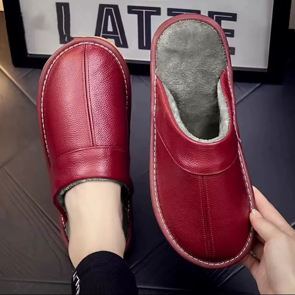 冬季头层牛皮棉拖鞋女室内厚底防滑防水保暖家居皮拖鞋男厂家批发