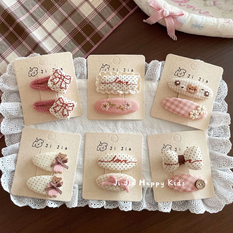 Korean Pink Polka Dot Lace Kidsren's Hairpin Sweet Kidsren's Embroidered Flower Bow Bb Clip Princess Autumn and Winter