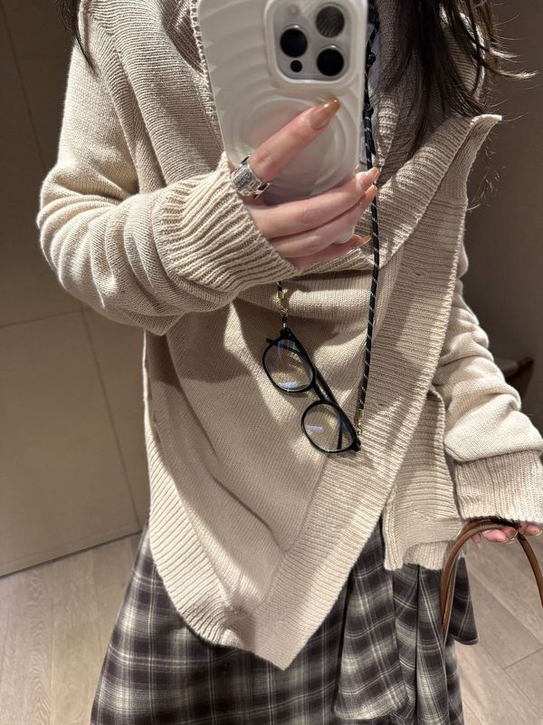 批发代发 早秋设计感不规则针织开衫女长袖慵懒风宽松外套上衣|undefined