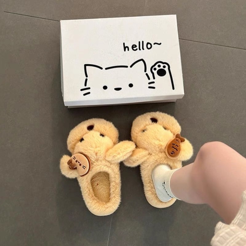 여성용 강아지 캐릭터 털 실내화 겨울 보온 미끄럼방지